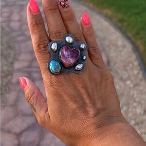 7 Sterling Silver and Purple Spiney Oyster and Kingman Turquoise Statement Ring